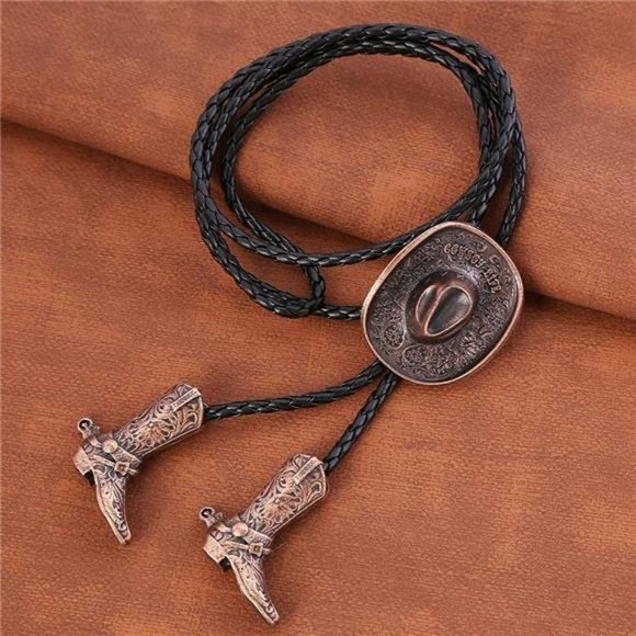 Cowboy Knight Boots Bola Tie Necktie for Men Bronze Cowboy Hat - Picture 2 of 6